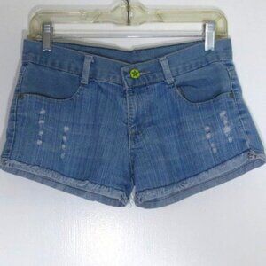 90s Vintage Shorts Med Wash Distressed Denim Cut Off Fringe Mid Rise Size 27